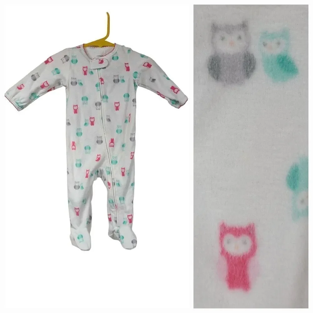 Carter's Girls 6M Soft Fleece White Owl Print One-Piece PJ Footie Winter Pajamas